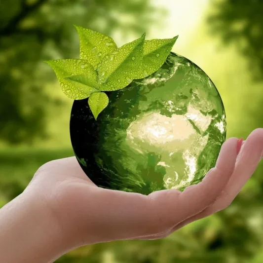 main qui tient la Terre colorée en vert avec une feuille verte dessus