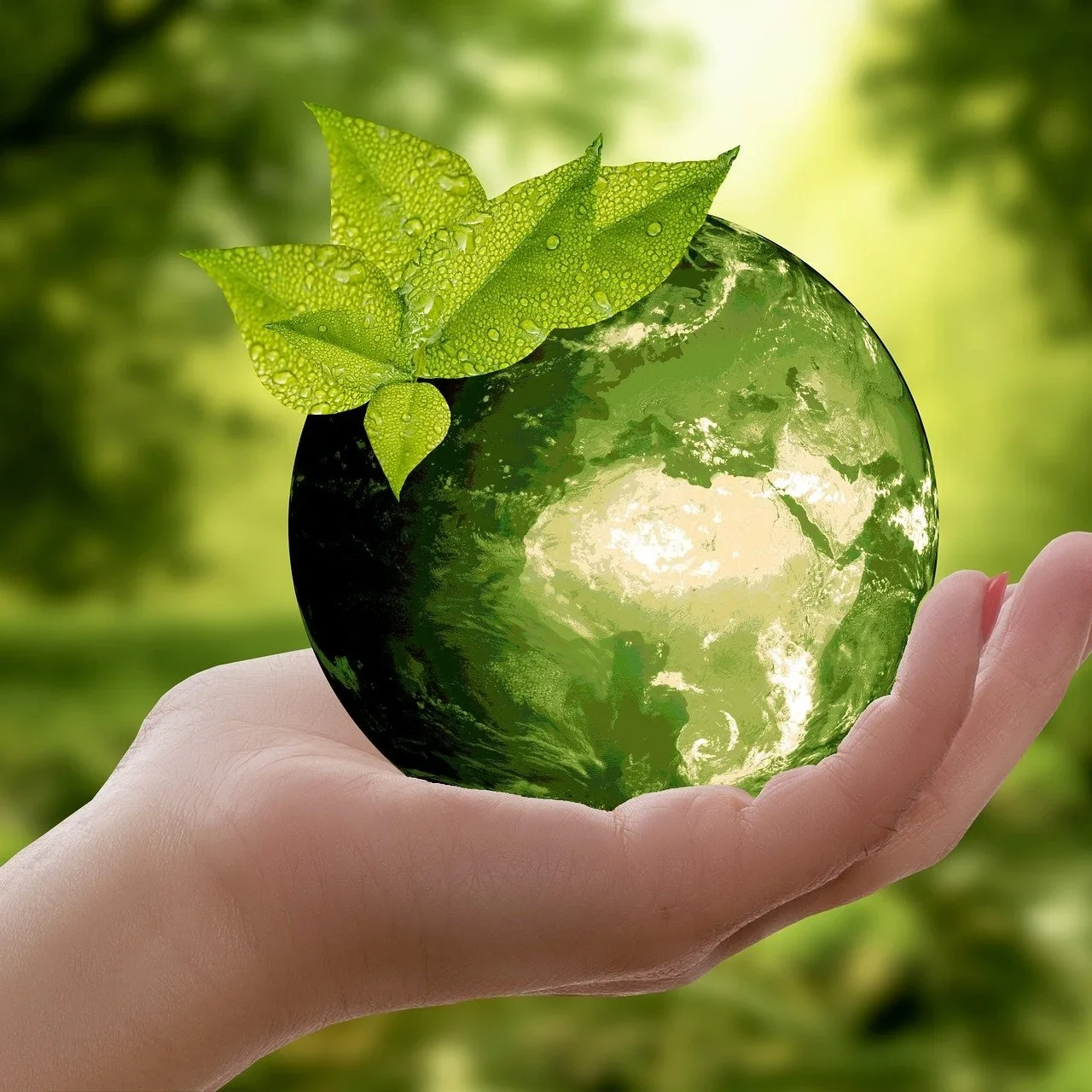 main qui tient la Terre colorée en vert avec une feuille verte dessus